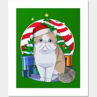 Exotic Shorthair Cat Christmas Tree Santa Posters and Art